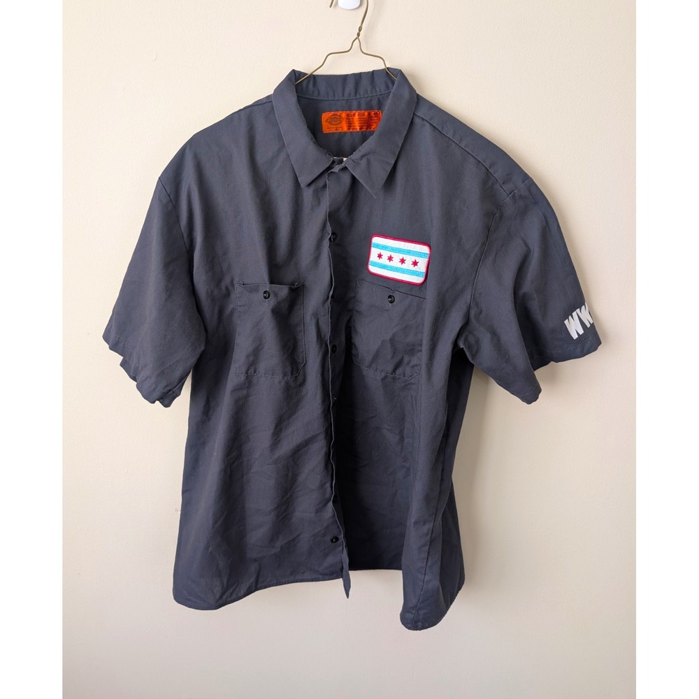Dickies Mens 2XLR Gray Short Sleeve Twill Work Shirt 312 Pizza Logo LS535CH